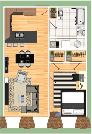 Floor plan for 1 bed, 1 bath, 847 sqft